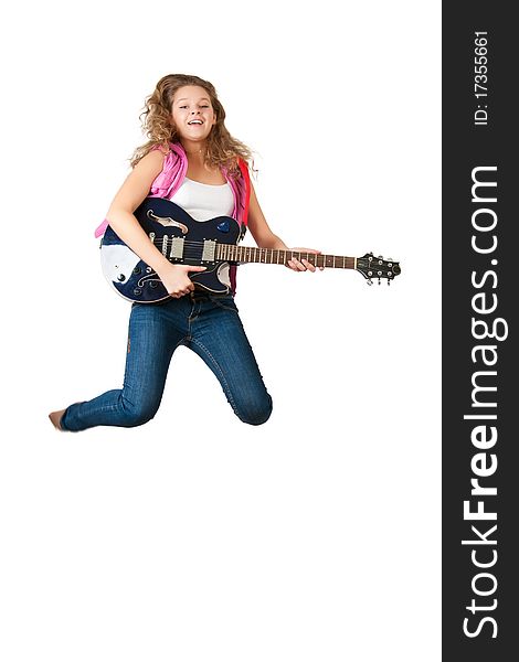 Young girl with a guitar on a white background. Young girl with a guitar on a white background