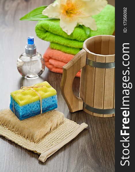 Composition of articles for bathing on wooden background