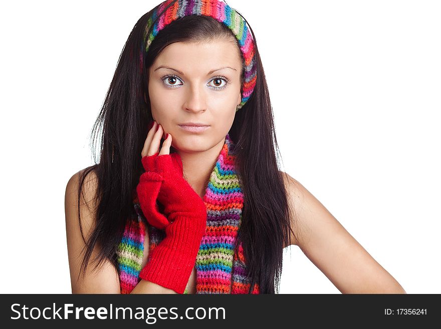 Young beautiful girl with red mitten and neckerchief