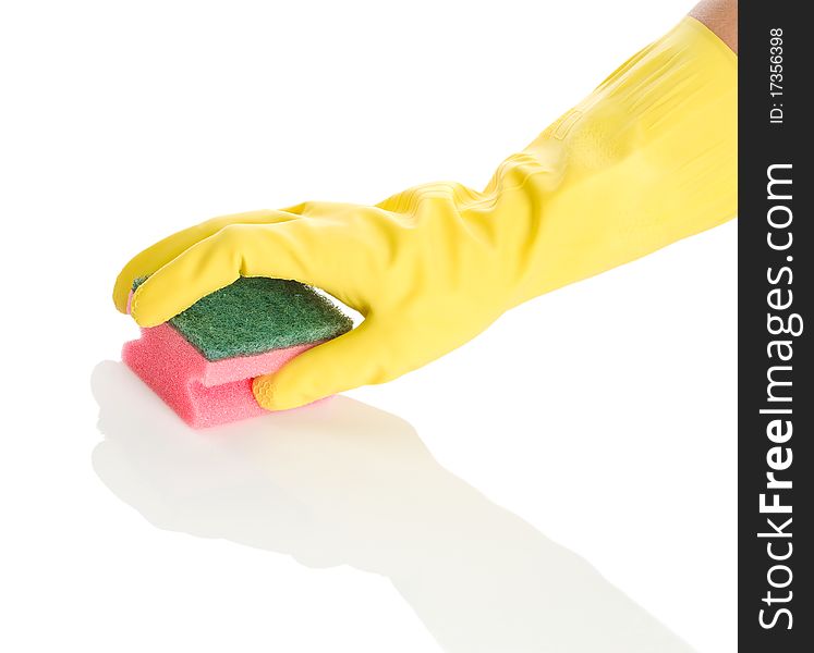 Hand in yellow glove with pink sponge isolated on white background