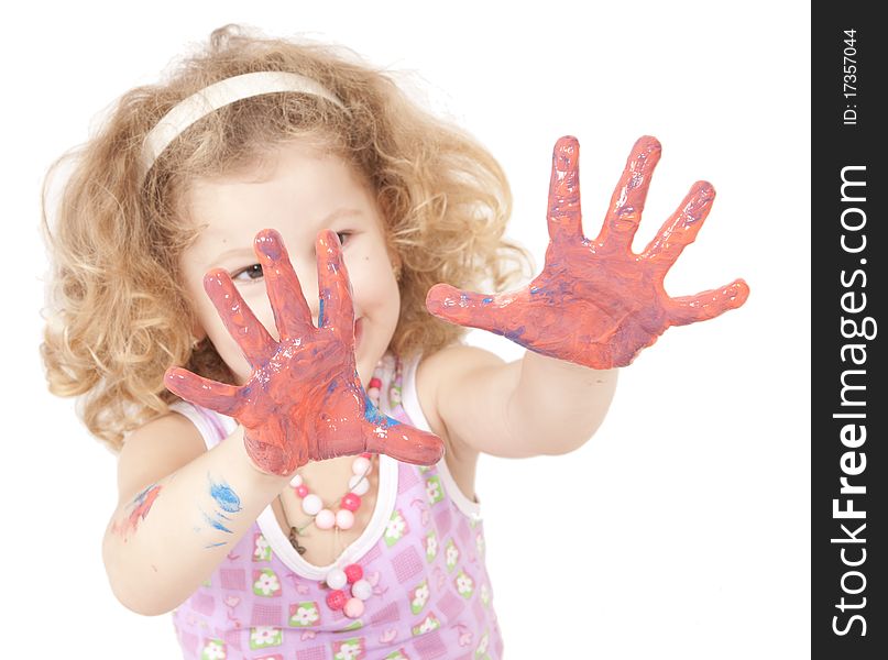 Little girl with paint red hands isolated on white