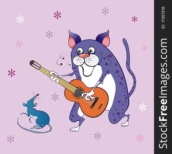Cat with a guitar and a rat on a color background. Cat with a guitar and a rat on a color background