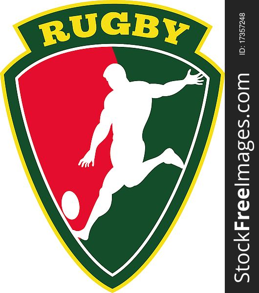 Illustration of rugby player kicking ball inside shield