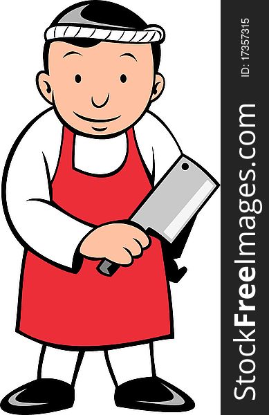 Illustration of a cartoon Japanese butcher or fish monger holding meat cleaver about to chop fish isolated on white background. Illustration of a cartoon Japanese butcher or fish monger holding meat cleaver about to chop fish isolated on white background