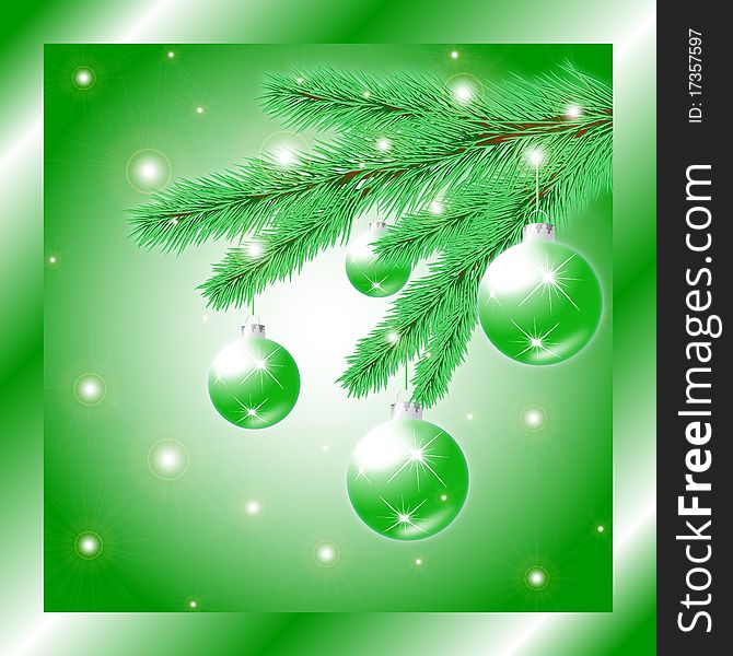 Postcard with a picture of a Christmas tree branch with Christmas balls, vector illustration, eps10. Postcard with a picture of a Christmas tree branch with Christmas balls, vector illustration, eps10