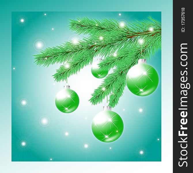 Postcard with a picture of a Christmas tree branch with Christmas balls, vector illustration, eps10. Postcard with a picture of a Christmas tree branch with Christmas balls, vector illustration, eps10