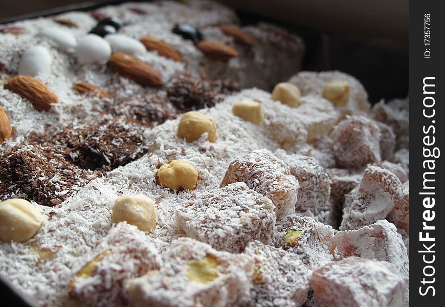 Close up of a stack of turkish delight