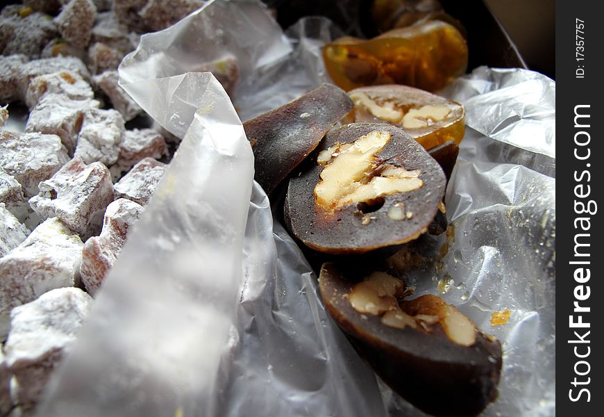 Close up of a stack of turkish delight