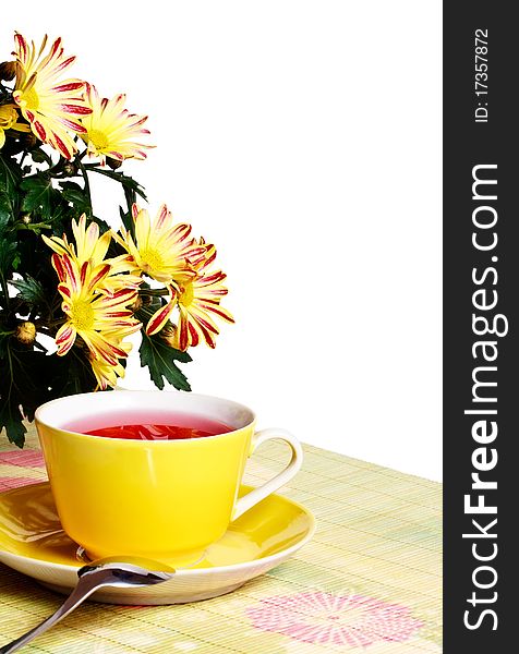 Cup of red tea and chrysanthemum flowers isolated on white