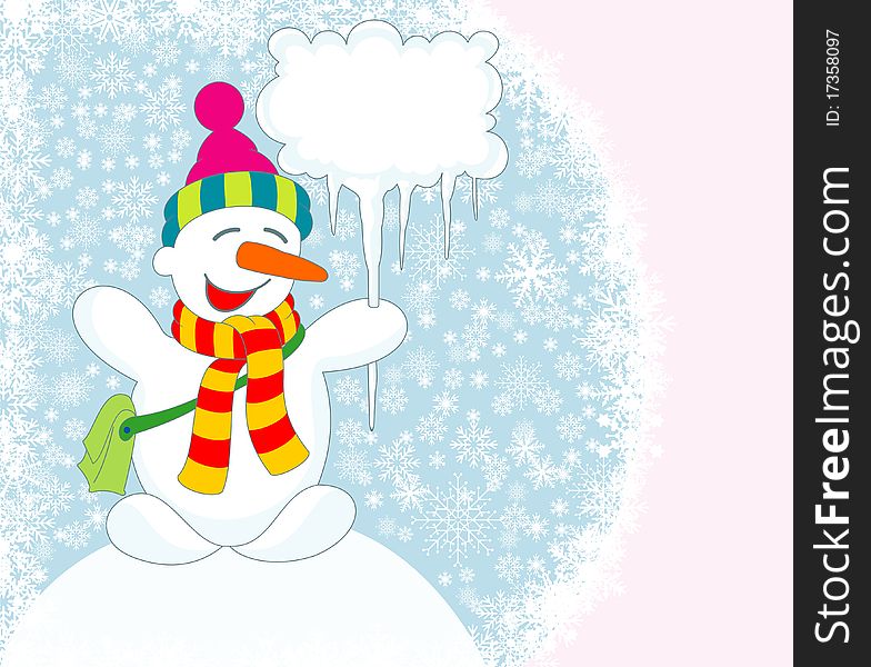 Design of Christmas card with snowman and blank signboard. Design of Christmas card with snowman and blank signboard