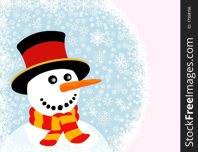 Design of Christmas card with snowman and snowflakes
