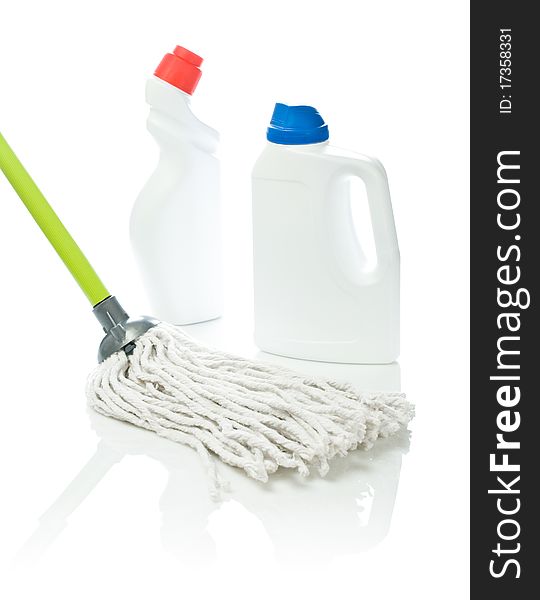 Mop and white cleaners isolated on white background