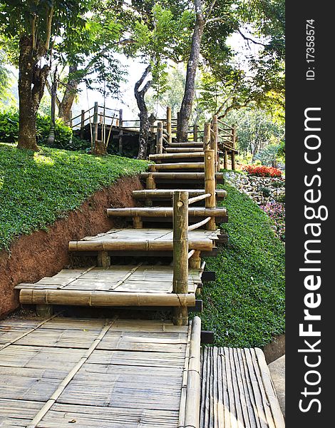 Bamboo stairway in the garden show the combination with nature.