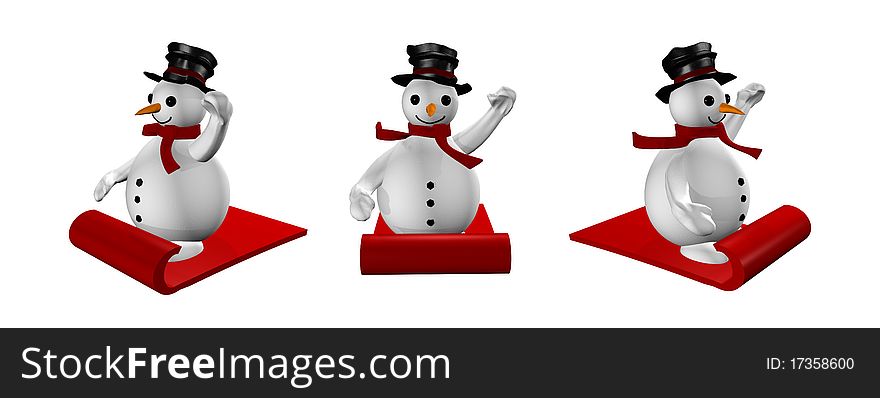 Three snowman in sled in white background