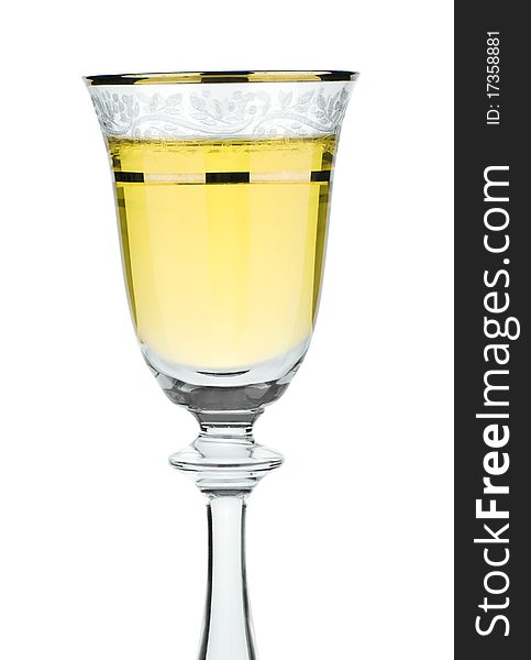 Close up wineglass with white wine isolated on white background