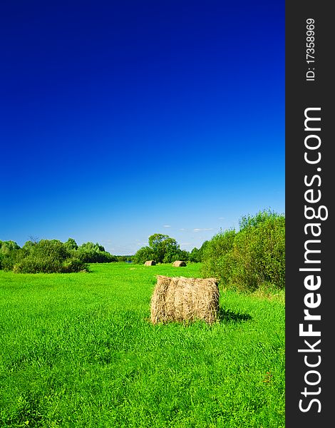 View on haystack on a green field with green bush