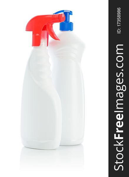 Two white plastical kitchen cleaners
with red and blue sprays isolated on white background. Two white plastical kitchen cleaners
with red and blue sprays isolated on white background