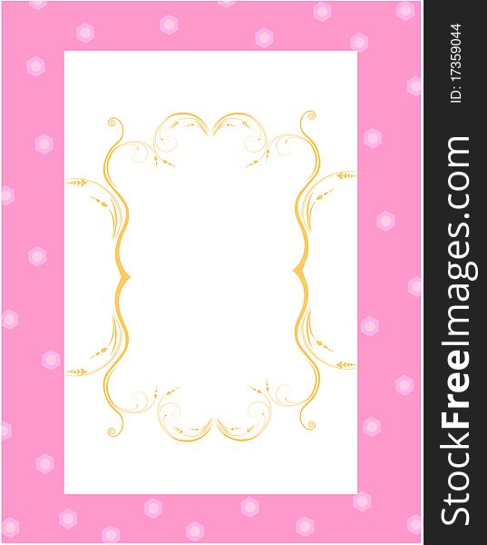 Wedding/party invitation card background with gold floral border on pink background. Wedding/party invitation card background with gold floral border on pink background