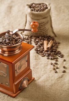 Coffee In Bag Cinnamon And Coffee Mill Stock Photography Coffee In Bag Cinnamon And Coffee Mill Stock Photography