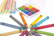 Colored Wax Pencils, Chalk And A Watercolor Stock Photos Colored Wax Pencils, Chalk And A Watercolor Stock Photos