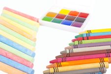 Colored Wax Pencils, Chalk And A Watercolor Stock Image Colored Wax Pencils, Chalk And A Watercolor Stock Image