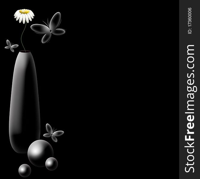 Black vase with flower camomiles, balls and butterflies on black background. Black vase with flower camomiles, balls and butterflies on black background