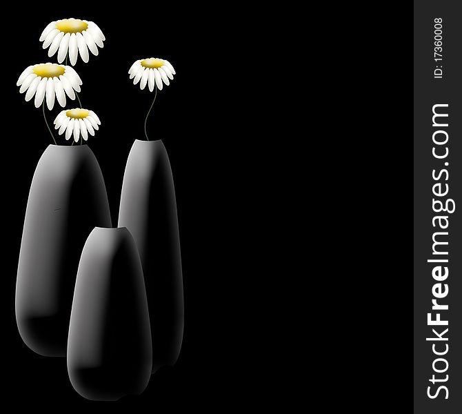 Black vases with  flowers camomiles on black background. Black vases with  flowers camomiles on black background