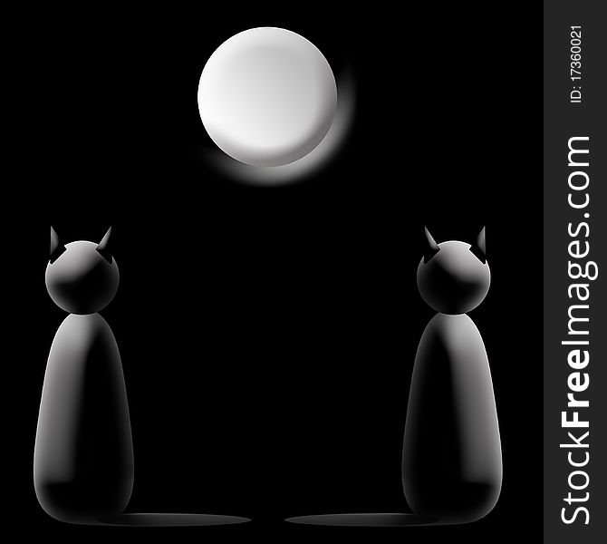 Two black cats dreamer and moon on black background