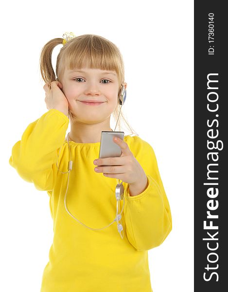 Little girl with player isolated on the white