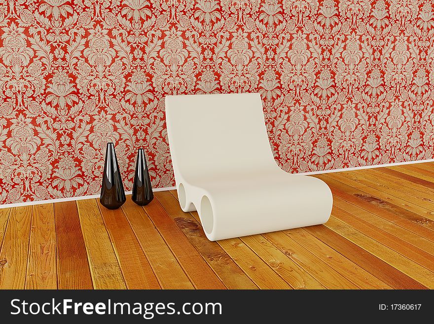 Modern chair with vase on wooden floor and brick wall. Modern chair with vase on wooden floor and brick wall