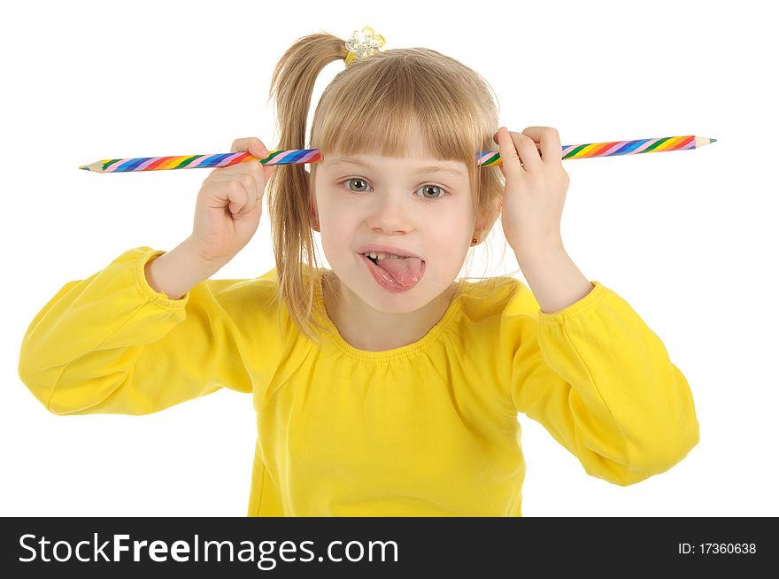 Little girl with colour pencils isolated on the white