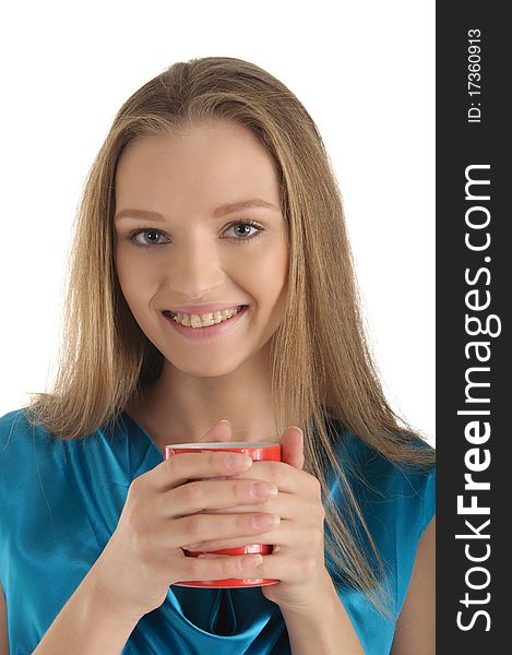 Woman with brackets on teeth and cup isolated in white
