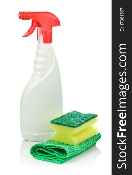 White spray bottle and accesories for cleaning