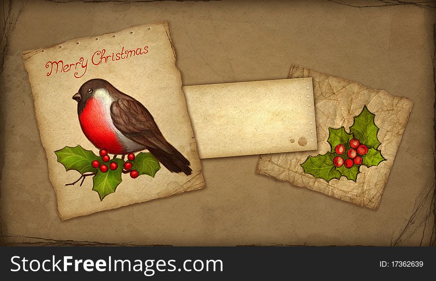 Christmas greeting card with drawing of bullfinch and holly berry