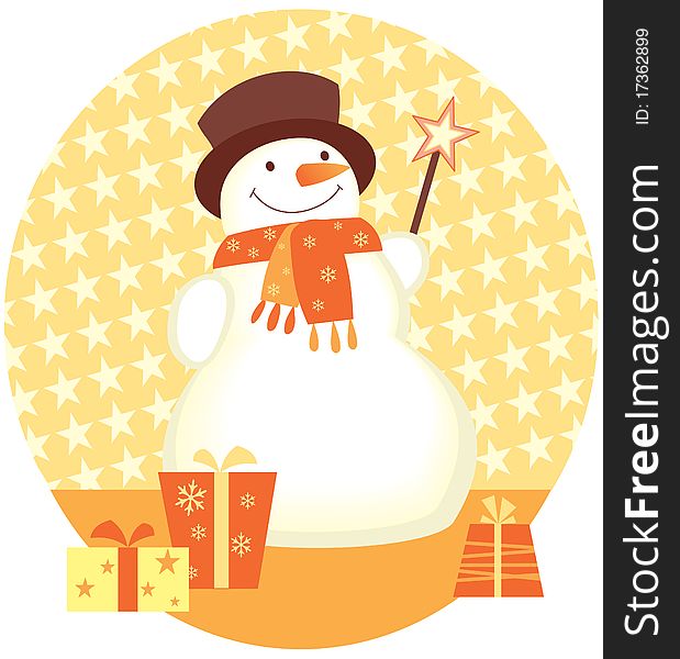 Cheerful snowman with Christmas gifts on the background with gold stars. Cheerful snowman with Christmas gifts on the background with gold stars