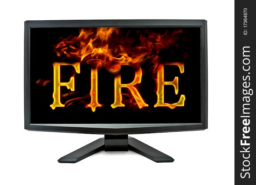 Burning lcd monitor isolated on white