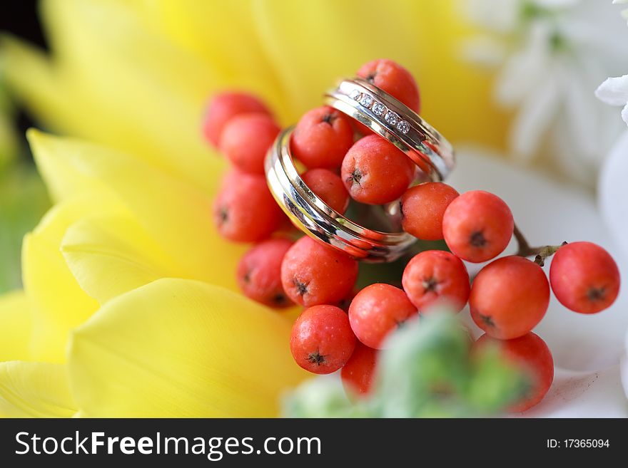 Wedding rings on the bouquet of flowers. Wedding rings on the bouquet of flowers