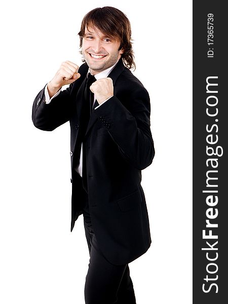 Young funny businessman in boxing pose