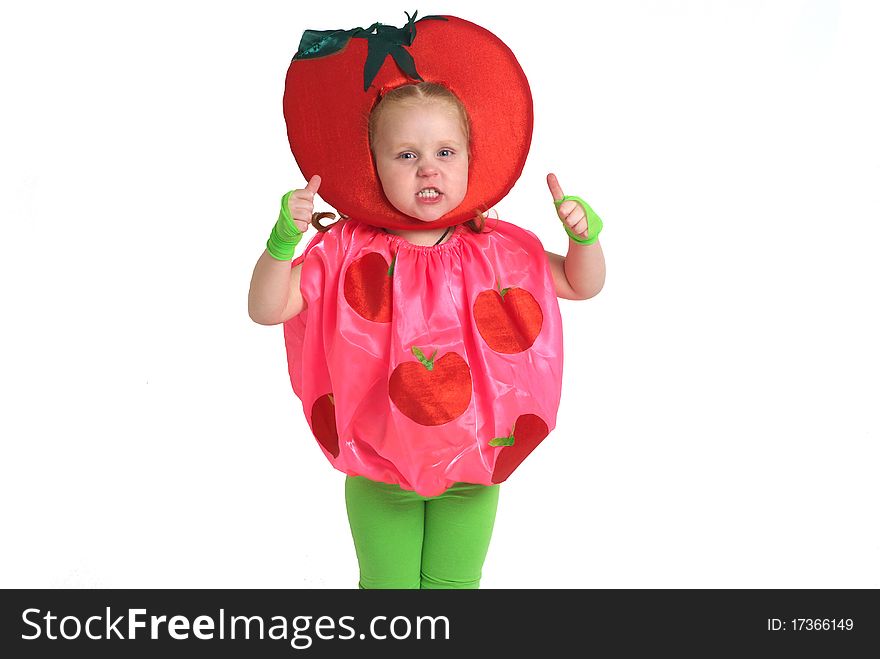 Girl in tomato’s costume isolated on a white background. Girl in tomato’s costume isolated on a white background