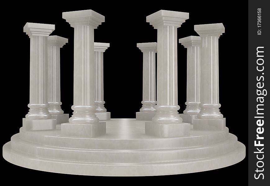 Alabaster pillar rotunda in classic Greek / Roman architectural style with black background.