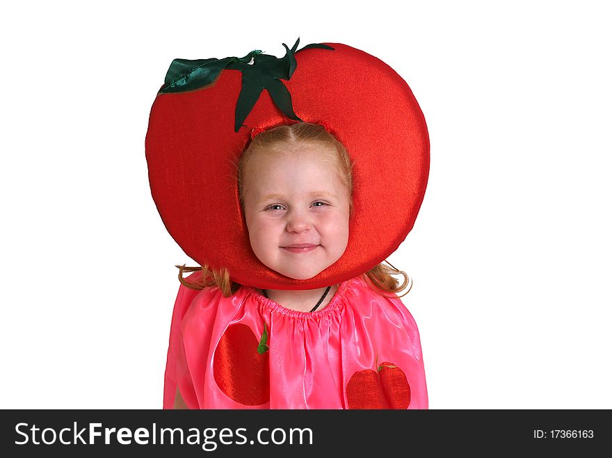 Girl in tomatoâ€™s costume isolated on a white background. Girl in tomatoâ€™s costume isolated on a white background