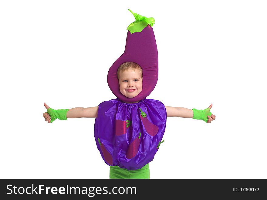 Boy in eggplant costume isolated on a white background. Boy in eggplant costume isolated on a white background