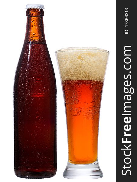 Bottle and glass with beer on white background