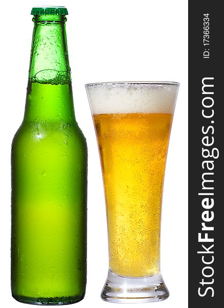 Bottle and glass with beer on white background