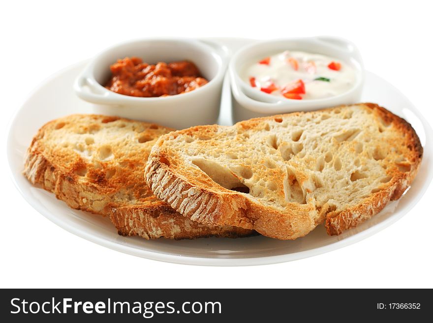 Bread with sauces in bowls