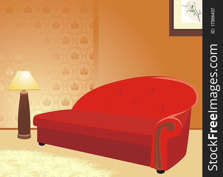 Red sofa and floor lamp. Fragment of interior