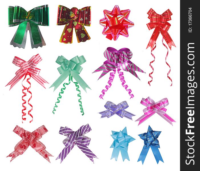 Collection of various ribbons bow on white background