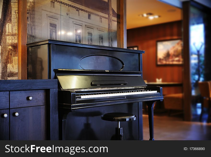 Grand piano  in hall  restaurant.  restaurant interior