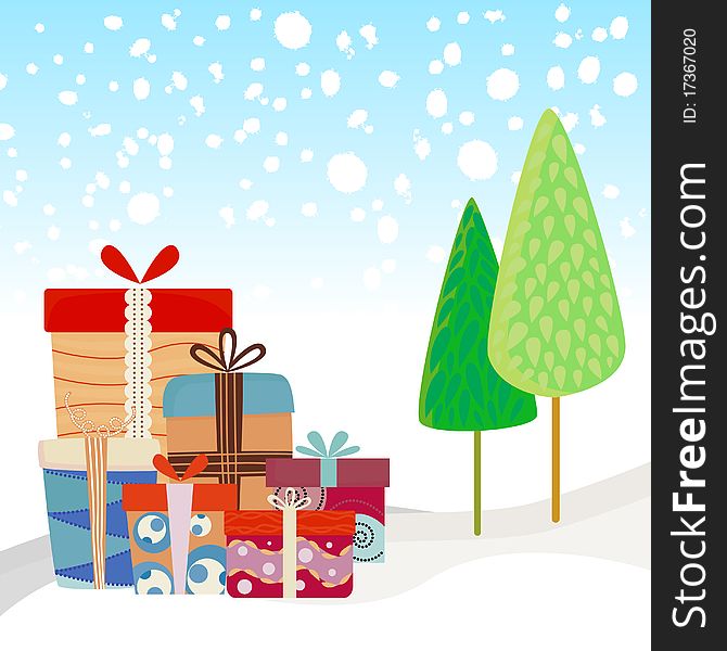 New year gifts with winter background vector