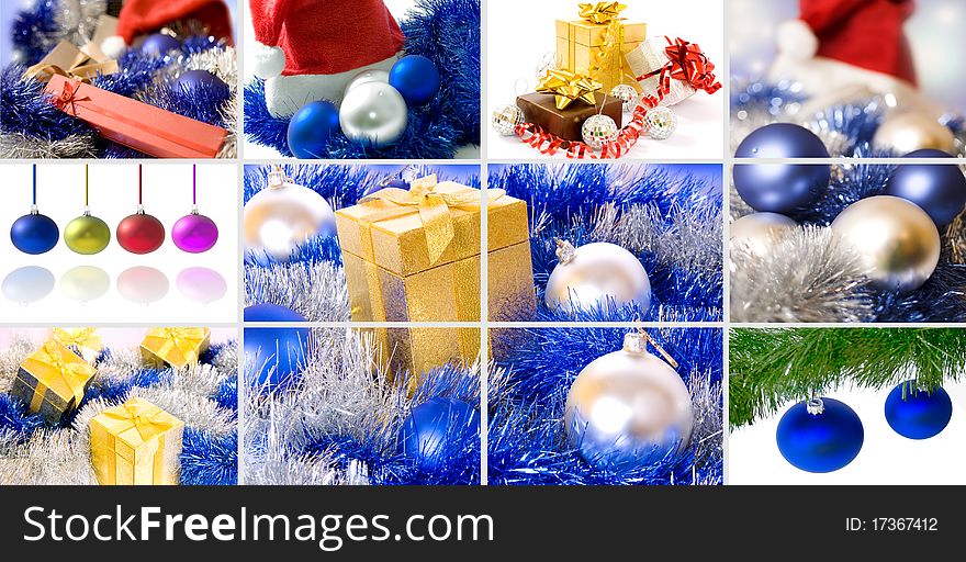 Christmas gifts, crystal ball and Christmas background collage. Christmas gifts, crystal ball and Christmas background collage